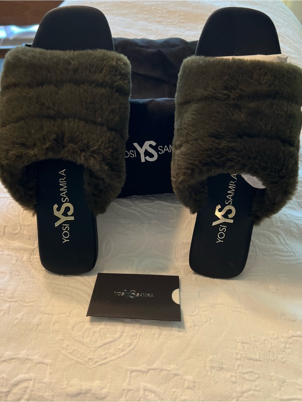 Yosi Samra Olive Faux-Fur Slide Sandals luxury Green